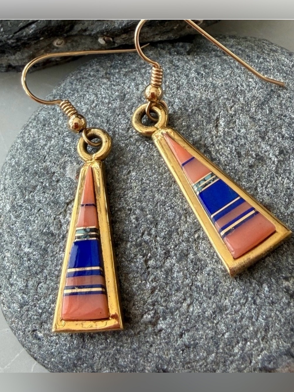 18K GOLD Zuni Native American Vintage Multi-stone Dangle Earrings
